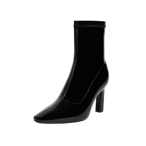 Mofirdast Women's Mid Calf Boots Comfy Square Closed Toe Stiletto High Heel Boot Zipper Short Ankle Booties2