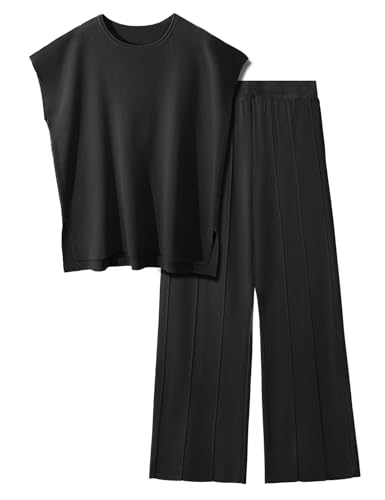 UMIPUBO Zweiteiler Damen 2 Piece Loungewear Set Freizeit Strickpullover Tops High Waist Elastische Taille Hosen Hausanzug Sets Elegant Sleepwear Outfit Elegant Freizeitanzug (Schwarz, XL)