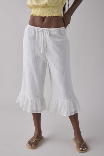 Image of UAURORAO Women Lace Trim Long Bloomers Elastic Mid Rise Ruffle Pantaloons Cropped Flared Slips Pants Pajama Bottoms
