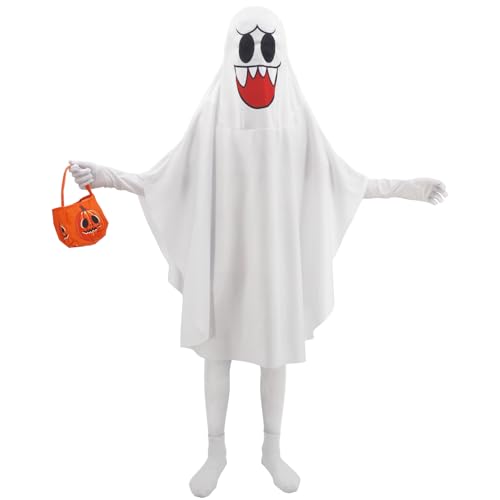 CosInStyle Halloween Ghost Costume with Pumpkin Bucket and Gloves for