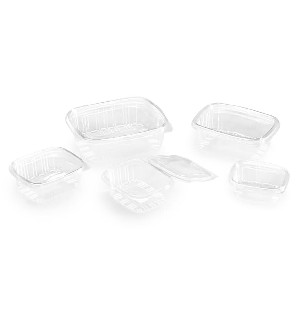 50 Envases de Plástico PET con Tapa Bisagra, 2000ml, Transparente, Tapa Abatible, Reciclable, Desechable, Tarrina para Comidas, Take Away, Comida para Llevar.