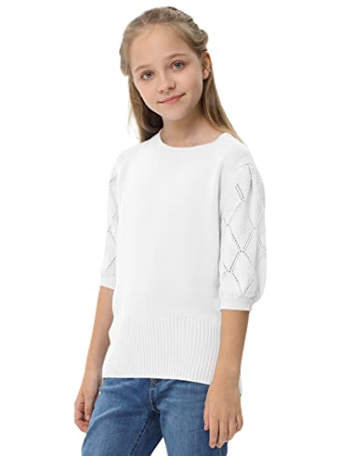 Girls Puff Short Sleeve Knit Sweaters Crewneck Pullover Sweater Kids Cute Fall Blouse Tops 5-14Y #TOP2