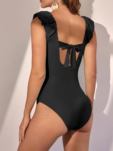Eomenie Womens One Piece Swimsuits Puffy Sleeves Tummy Control Bathing Suit Tie Back Swimwear3