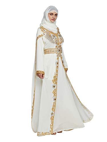 Aniiq Women Dubai Kaftan Farasha Caftan Long Maxi Dress Long Sleeves Georgette Ethnic, Bridal, Evening, Party, Wedding Dress, Color- Off White #TOP5