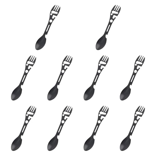 kowaku 10x Multifunctional Camping Spork Can Bottle Opener Reusable Fork & Stainless Steel Spoon for Picnic Travel BBQ Camping, Black