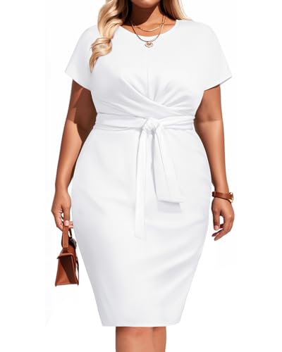 Pinup Fashion Plus Size Dresses for Women Wedding Guest Short Sleeve Tie Front Waist Belted Pencil Work Knee Dress