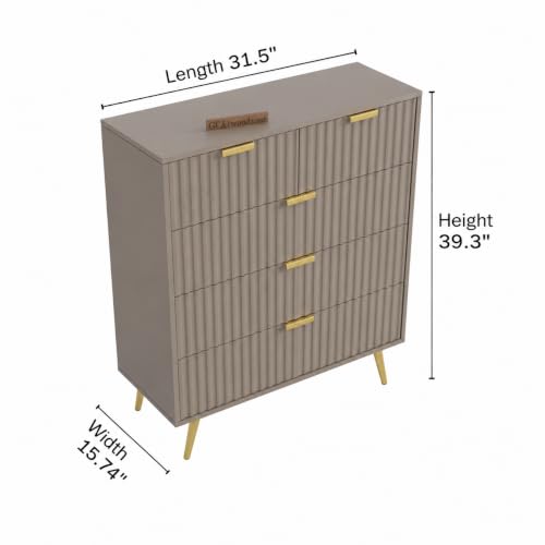 Image of Wooden Chest of Drawers | 5 Drawers Dresser Console Cabinet for Bedroom, Living Room, Drawing Room & Office | Multipurpose Sideboard Storage|HDMR Premium Wood & Iron(Taupe & Golden)