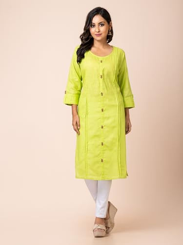 Image of Susmita Gift House Women's Slub Cotton Round Neck 3 /4 Sleeves Front Button Solid Kurti