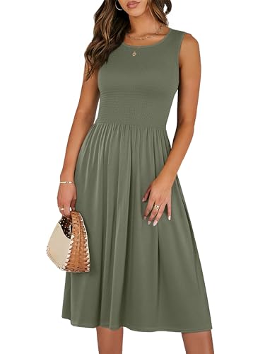 ANRABESS Womens Summer Casual Midi Dresses Sleeveless Smocked Elastic Waist Flowy Sundress 2026 Spring Beach Vacation Clothes Olive X-Large