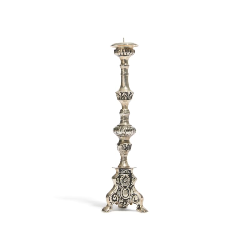Silver Brass Baroque Candle Holder, 12 Inch Antique Style Pillar Candle Stand for Tabletop, Mantel & Shelf Decor, Vintage Decorative Brass Candlestick Holder