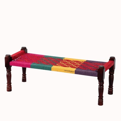 Image of Wooden Bench for Seating | Handcrafted Sheesham Wood Bench for Living Room, Balcony & Garden | Traditional Patio for Outdoor with Cotton Handwoven Rope | Colorful 002