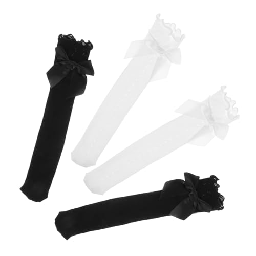 BESTonZON 4Pairs Decorative Knee High Socks with Lace and Bow Breathable Outdoor Stockings for Dresses and Casual Playdates