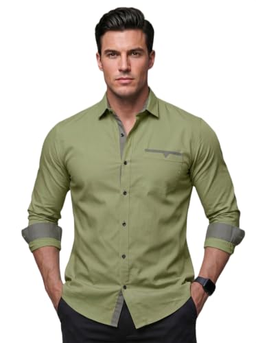 Image of Men's Cotton Blend Shirt with Solid Long Sleeves Spread Coller Neck Regular Fit Single Chest Pocket and Standard Length | Cotton Casual Shirt for Man