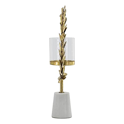 A & B Home 19.7 in H Gold and White Iron/Marble/Glass Floral Hurricane with Marble Base, Home Accent Décor