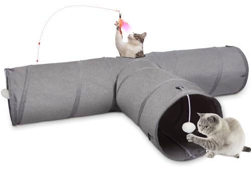 Ownpets Cat Tunnel, Extra Large 3 Way Collapsible Kitty Tunnel Cat Tube with Plush Ball & Feather Toy, Cat Play Tunnel for Large Cat, Kitten, Puppy, Rabbit(12 inches in Diameter)