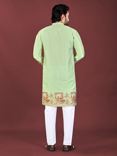 Image of Men's Cotton Silk Kurta with Jacquard Work Full Sleeves Floral Printed Side Slit and Mandarin Collar Neck | Kurta Pajama Set for Men Cotton Wedding | Short Kurta for Men