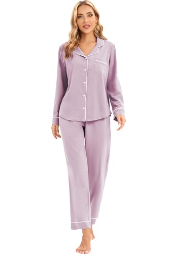 Image of LUBOT 100% Cotton Pajamas for Women PJ Set Soft Long Sleeve Button-Down Shirt 2 PC Set Warm Sleepwear Loungewear Night Suit (Lavender, M)