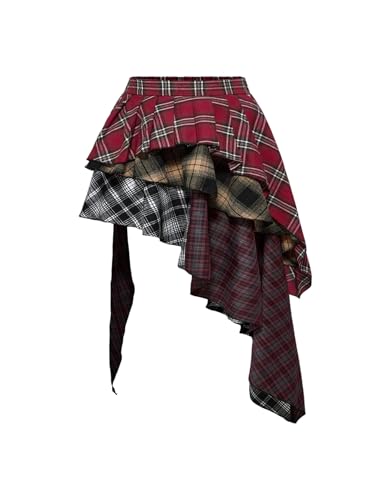 Verdusa Women's Plus Size Y2K Plaid Layered Ruffle Skirt Elastic Waist Asymmetrical Mini Skirts