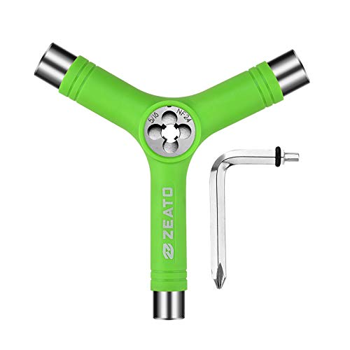 Zeato All-in-One Skate Tools Multi-Function Portable Skateboard Y Tool Accessory with Y-Type Allen Key and L-Type Phillips Head Wrench Screwdriver - Green