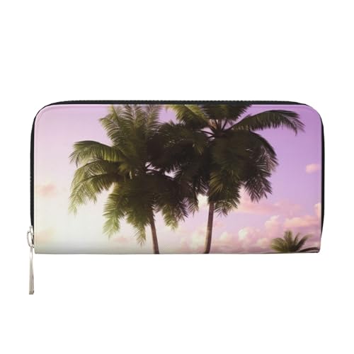 Pu Leather Wallet For Women Girl, Zip Around Credit Card Holder Tropical Tree Pink Long Wallet Clutch Purse Waterproof Travel Handbag