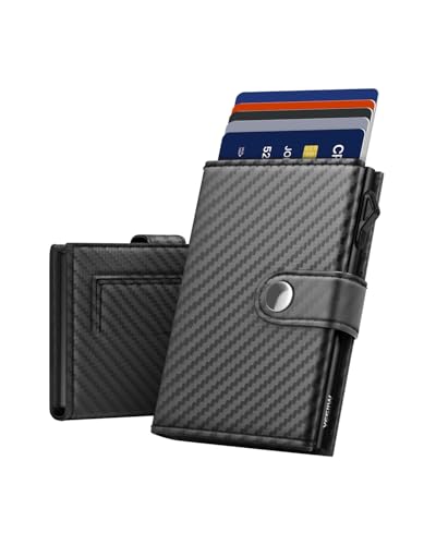 Tarjetero Para Hombre, Billetera de Cuero con Bloqueo RFID, Pop Up Bolsillo MagnéTico Monedas, Billetera Trifold para Tarjetas de CréDito, Cierre de BotóN, Capacidad 1 9 Tarjetas, 2 ID Ventanas