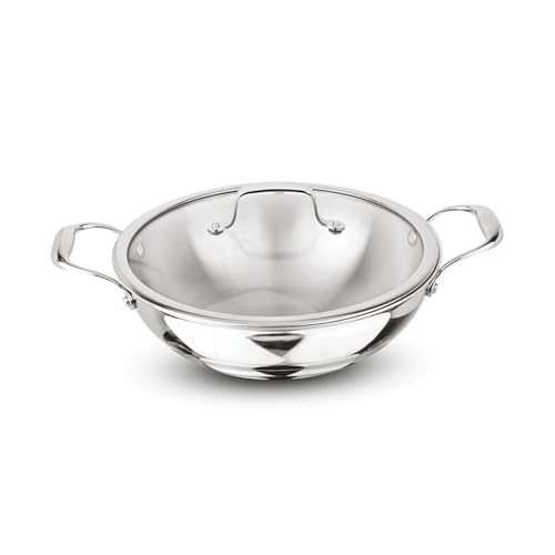 Image of Signoraware Artista Tri Ply Stainless Steel Shallow Kadhai 28cm with Glass Lid | Induction & Gas Compatible | Durable | Ideal for Stir Frying & Sauteing | Best for Curry & Gravies (4.6 LTR | Steel)