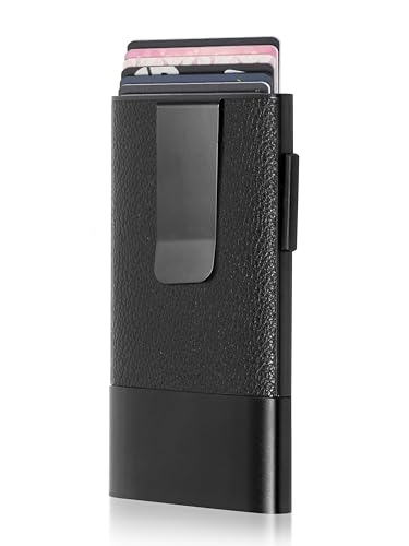 Fidelo Minimalist Men's Wallet with Money Clip - Leather & Aluminum Construction Clip Wallet - Durable Best Front Pocket Wallets For Men, Trigger Spring Cards Money Holder - Black