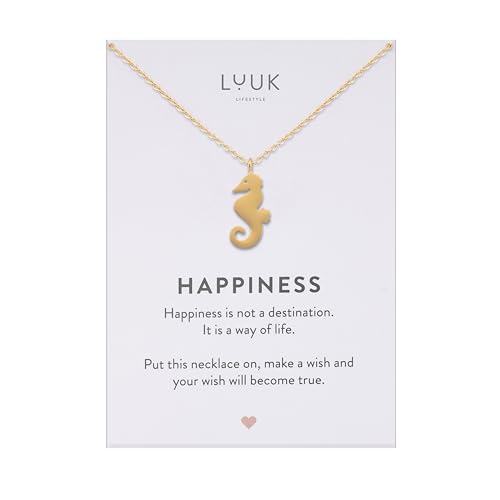 LUUK LIFESTYLE Collier femme avec pendentif hippocampe en acier inoxydable (50 cm), carte HAPPINESS, porte bonheur, bijoux modernes, idée cadeau pour elle,...