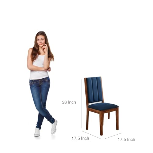 Image of Sheesham Wood Dining Table 4 Seater | Wooden Four Seater Dinning Table with Blue Cushion Chairs | 4 Seater Dining Table | Dining Room Sets | Natural Finish