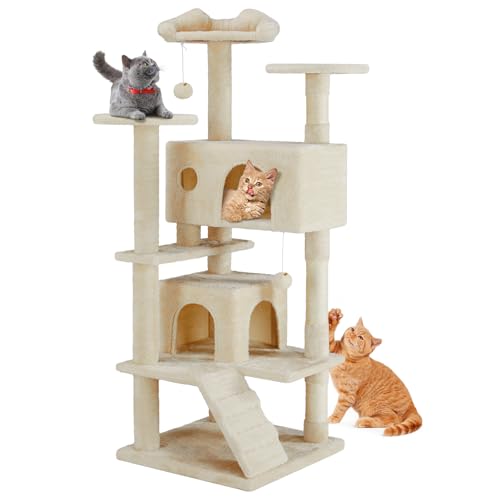 Image of Sweetcrispy 54-Inch Cat Tree Tower - Multi-Level with Sisal Scratching Post, Perfect Pet Gift, Indoor Condo with Climbing Ladder, Plush Toy, and More Animal Stuff, Beige