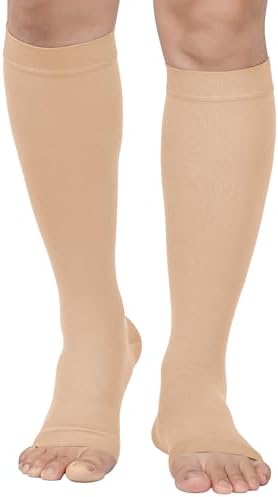 MGANG Medical Compression Stockings for Women & Men, 20-30 mmHg Graduated Knee High Socks, Firm Support for Nurses, Pregnancy, Flying, Varicose Veins — Open Toe, Latex-Free, Beige X-Large