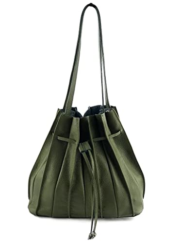 Sac à seau en cuir plissé vert Army pour toutes les occasions