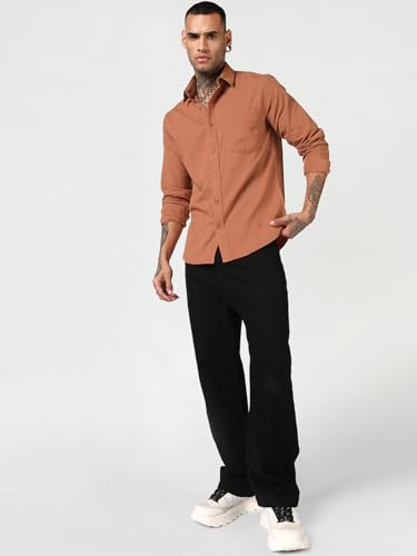 Image of Bewakoof Mens Solid Regular Fit Full Sleeve Collar Cotton Linen Blend Shirt