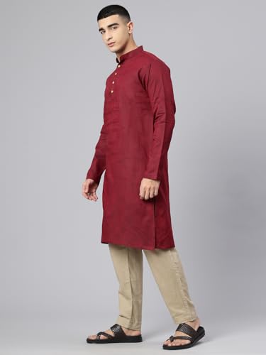 Image of Majestic Man Men's Cotton Regular Fit Traditional Mandarin Collar Ethnic Motifs Solid Long Kurta