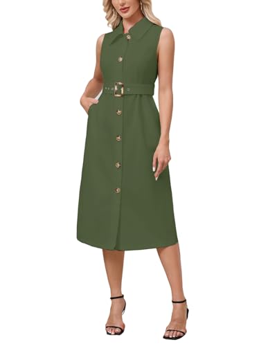 Women's Button Down Shirt Dress Sleeveless Collared A-line Maxi Dress with Belt