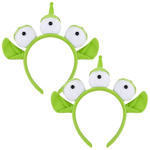 JUFYVO 2Pcs Three Eyed Alien Headbands Cute Green Monster Plush Hair Bands Halloween Cosplay Party Costume Accessories for Adults