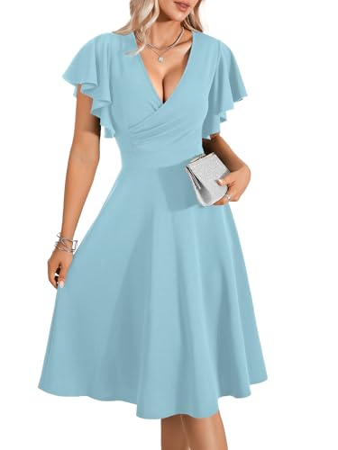 Image of LYANER Women's Warp V Neck Ruffle Short Sleeve A Line Swing Flared Cocktail Party Midi Dress