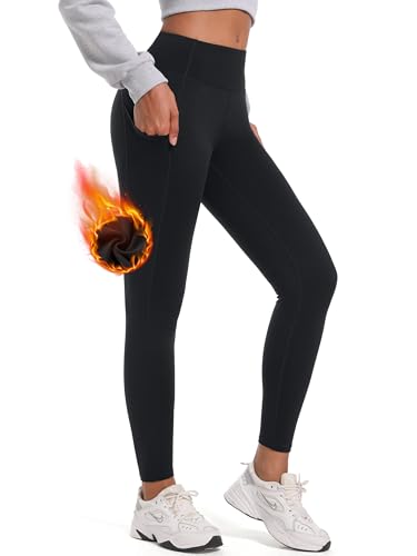 Photo de MOVE BEYOND Leggings Thermiques Femme 66cm/71cm Leggings de Yoga et Sport Hiver Taille Haute Doublés Polaire avec Poches, Noir, X-Large, 66CM