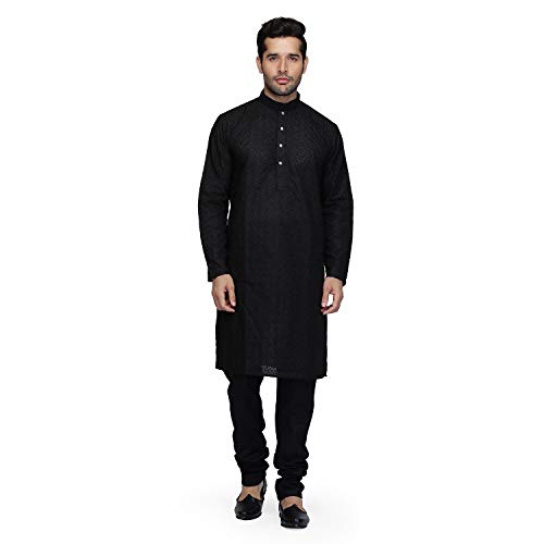 Image of Royal Kurta Men's Lucknowi Chikan Embroidered 100% Cotton Comfortable Kurta Churidar Pyjama Set