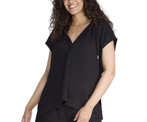 Motherhood Maternity Women's Short Sleeve V-Neck Casual Pullover Hoodie Pregnancy Top, Black