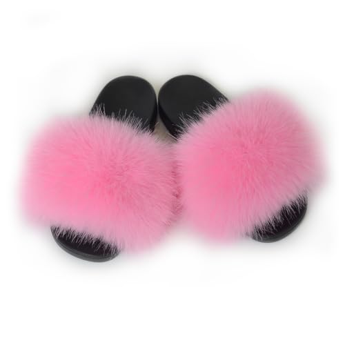 Image of Women's Faux Fur Slides Slippers Fluffy Fuzzy Sandals Open Toe Furry Slide Flip Flop Indoor Outdoor