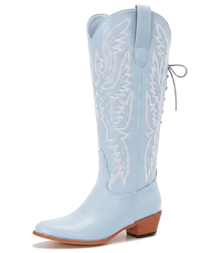 Image of Uillnoodu Wide Calf Cowboy Boots Women Adjustable Lace Up Knee High Tall Plus Size Cowgirl Boots Western Style Comfortable 2-Inch Heel