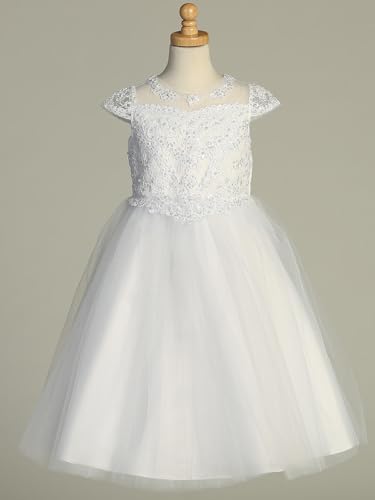 Holy Catholic First Communion Dress for Girls w/Corded Embroidered Tulle Top - Pearls & Sequins w/Cap Sleeve3