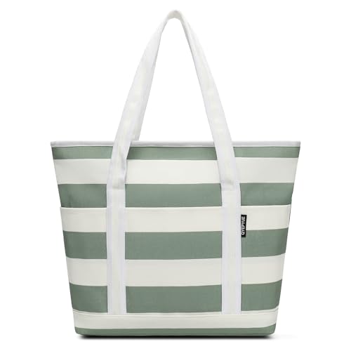 Image of Large Canvas Tote Bag for Women, Beach Bag with Zipper, Utility Tote Bag with 3 Front Pockets, Weekender Pool Bag