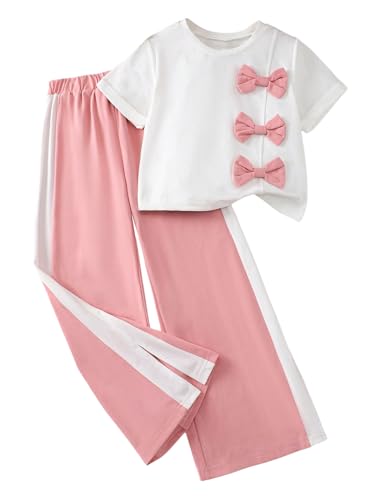 BEAUDRM 2 peças para meninas, camiseta de manga curta com laço e calça folgada, roupas esportivas de