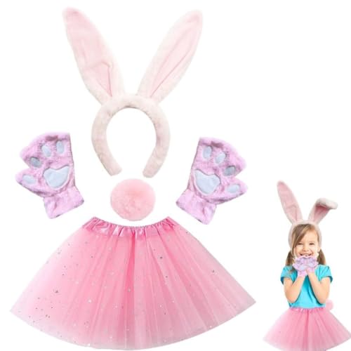 ZesGlyxyr Costume de Lapin pour Fille, Costume Lapin Ensembles, Carnaval Animal Déguisement avec Serre Tête, Tutu, Queue, Gants, pour Fête d'anniversaire, Carnaval, Cosplay-Gris