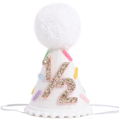 Image of LINGANA Donut 1/2 Birthday Hat - Sweet 6 Months Birthday Party Decorations,Colorful Donut White Cone Hat,Half Way To One Cake Smash Photo Props,Gold Glitter Number 1/2 Party Crown