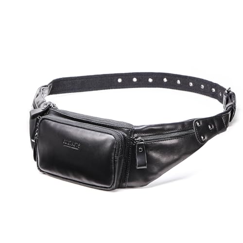 Image of Sam's Design Mens Genuine Leather Chestbag Zipper Small Crossbody Phone Wallet Holder Bag Waist Pouch Pack for Sport,Spring Out,Travel (Black)