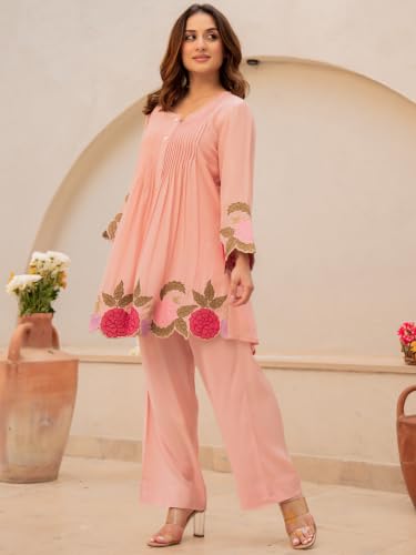 Image of Lilots Women's Chanderi Silk Kurta & Pants Set | Floral Embroidered Co-Ord Set | Ethnic Wear for Festive