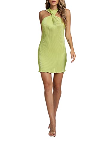 Lyaner Women's Mock Neck Twist Knot Front Lettuce Trim Sleeveless Bodycon Mini Dress Yellow Green Small #TOP4